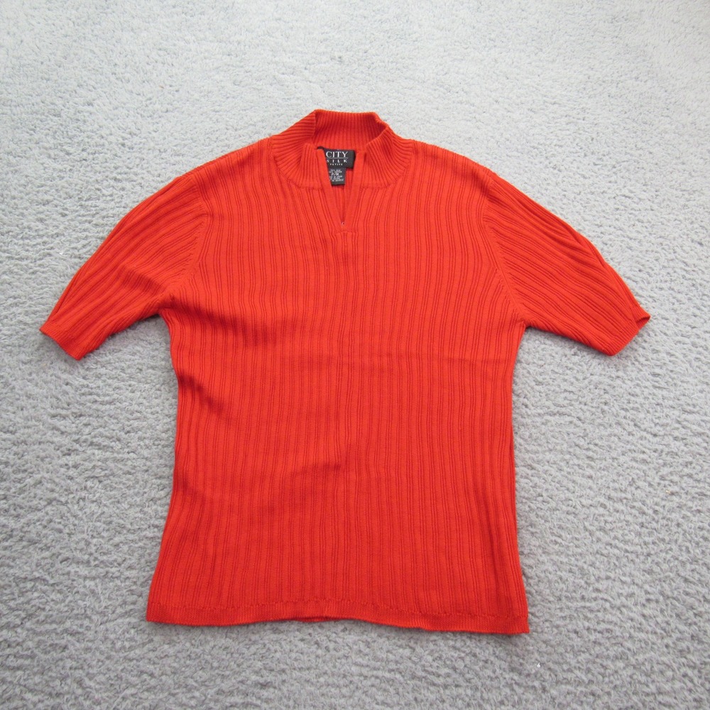 City Silk Petite Red Ribbed Mock Neck‎ Short Sleeve Top P/M